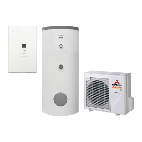 Šilumos siurblys oras-vanduo Mitsubishi Heavy Industries Hydrolution Hydrobox 7,1 kW, su 300 l talpa, HMS100-W / FDCW71VNX-W / PT300